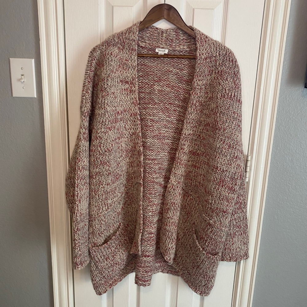 Pure Jill J Jill Wool Blend Chunky Knit Cardigan Red Cream Marled XL